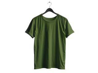 A blank army green t-shirt hangs on a hanger on transparent background.