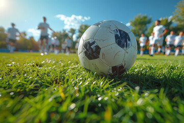 Soccer players in action on lush green pitch with ball upfront - Powered by Adobe