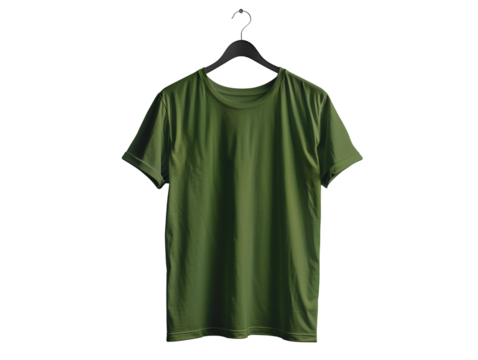 A blank army green t-shirt hangs on a hanger on transparent background.