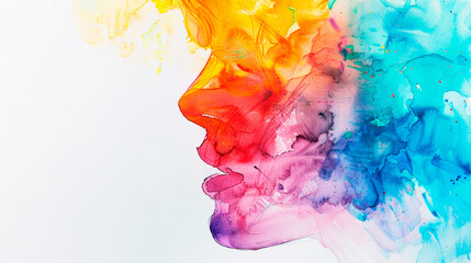 Woman's profile of face abstract watercolor illustration on the paper with copy space. Different of Emotions. Concept about emotional health. Psychology, mentality, thinking,feeling,Depression. - obrazy, fototapety, plakaty