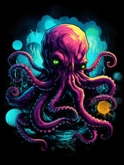 Digital octopus tee: hyperdetailed, clouds, stars, vector, dark