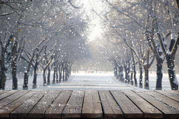 Snowy Winter Scene: Wooden Planks with Falling Snowflakes