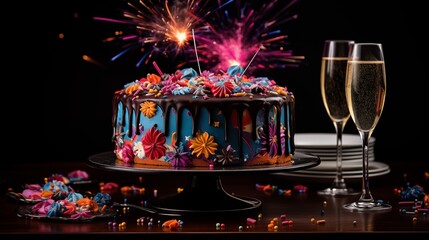 New Year's Eve celebration cake with fondant fireworks, champagne glasses, and confetti.