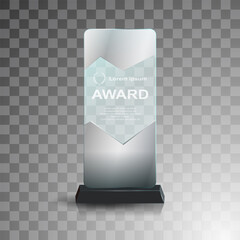 Glass winner trophies. Glass Trophy Awards. First place award, crystal prize and signed acrylic trophies. Glass award trophy or winner prize realistic vector illustration. Transparent crystal plate or