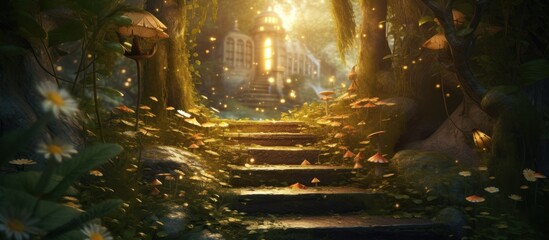 Fantasy enchanted fairy tale forest with magical opening secret wooden door and stairs leading to mystical shine light outside the gate, - obrazy, fototapety, plakaty