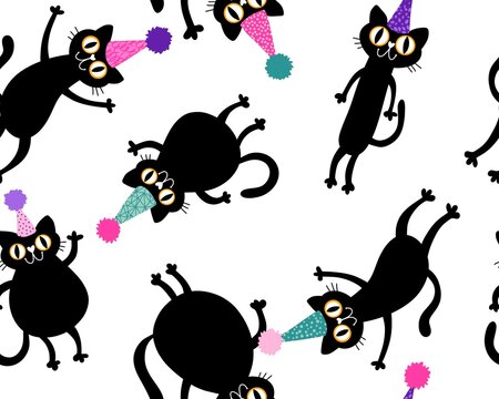 Birthday cartoon animals seamless cats pattern for wrapping paper and kids clothes print and party accessories