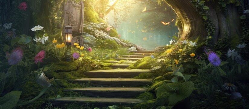 Fantasy enchanted fairy tale forest with magical opening secret wooden door and stairs leading to mystical shine light outside the gate,