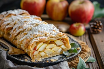 Traditional Viennese pastry apple strudel made with fresh apples and powdered sugar