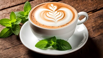 Cup of coffee and mint on white background. Top view	