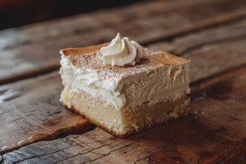 Tres leches cake slice on wood