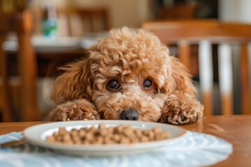 Uninterested Poodle puppy with kibbles on table - obrazy, fototapety, plakaty