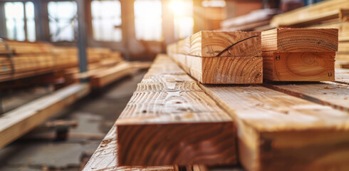 Construction Inventory: Wooden Beams Stacked in Warehouse
