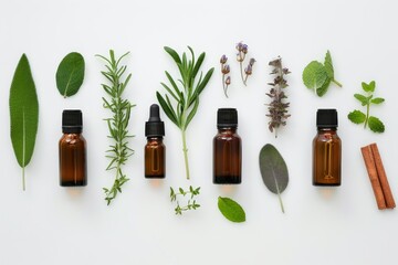 Various essential oils and herbs displayed on a white background peppermint rose melissa thyme rosemary cinnamon clove thuja