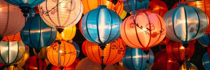 Vibrant festival lantern texture, with paper lanterns in a multitude of colors and patterns, lighting up the night sky in celebration of traditions created with Generative AI Technology - obrazy, fototapety, plakaty
