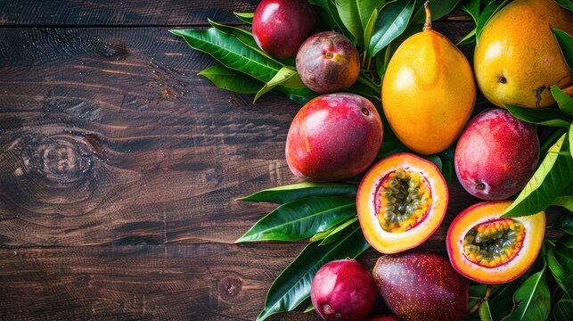 Top view fresh mango and pomegranate tropical fruit on wooden table background. AI generated
