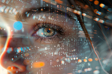 The young woman's eyes stare through a veil of digital noise and distortion