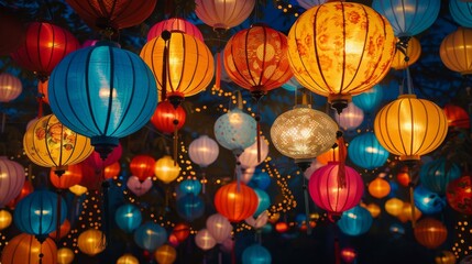 Fototapeta na wymiar Vibrant festival lantern texture, with paper lanterns in a multitude of colors and patterns, lighting up the night sky in celebration of traditions created with Generative AI Technology
