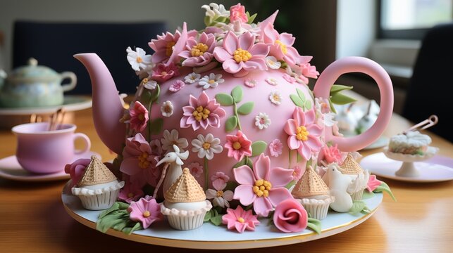 Springtime tea party cake with fondant teapots, cups, and floral arrangements.