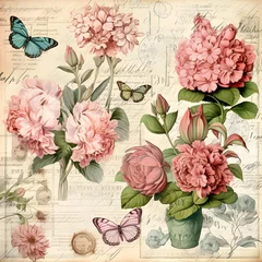 Poster shabby chic vintage layered pattern of flora, vintage letters, stamps © lucas