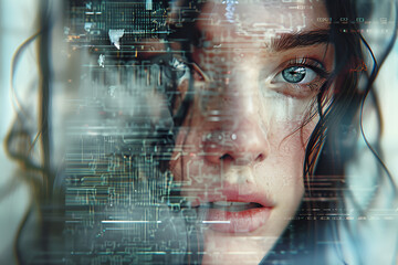 A close-up of a young woman's face framed by a cascade of digital glitches and distortions