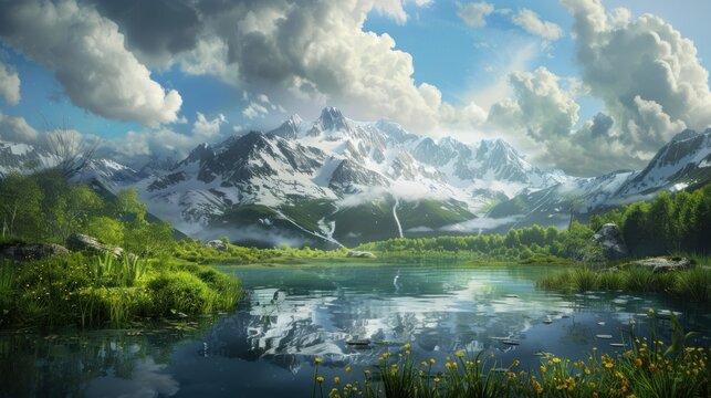 Green natural view of snowy mountains with a calm clear lake landscape. Generated AI image