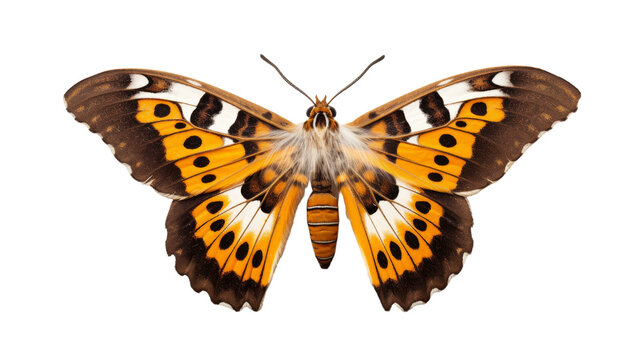 A vibrant yellow and black butterfly gracefully rests on a pristine white background