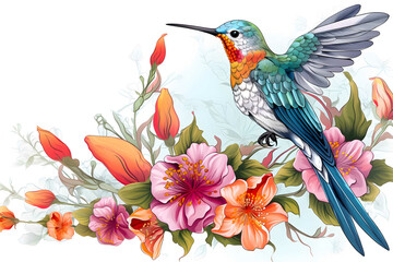 ultrarealistic, victorian, commercial, detailed, large cute colorful hummingbird pattern on white background