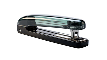 A black-handled stapler stands on a pristine white background
