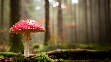 red toadstool mushroom in the forest.  - obrazy, fototapety, plakaty