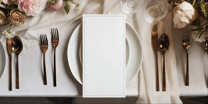fine dining table setting of luxury fancy restaurant menu invitation card mockup for weddings and romantic eating event decoration as wide banner with empty black copy space