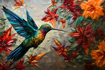 ultrarealistic, detailed, large geometric mosaic hummingbird pattern