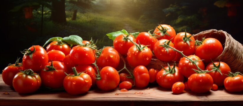 Numerous ripe red tomatoes scattered across a wooden table, alongside a woven basket filled with more tomatoes