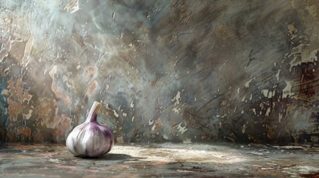 Group dried garlic vegetable spice over old rustic texture background. AI generated image