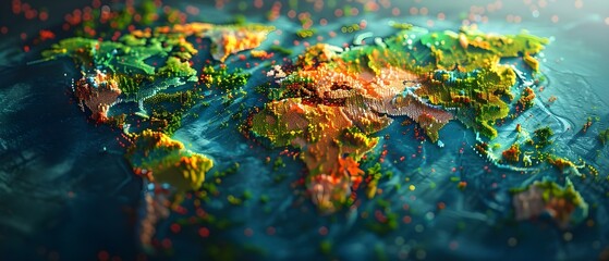 Pixelated World Map with Continent Dots on Earth Background. Concept Geography, Cartography, Earth Science, World Maps, Geological Mapping - obrazy, fototapety, plakaty