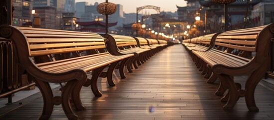Several wooden benches are neatly arranged in a row along the pavement, offering seating for passersby - obrazy, fototapety, plakaty