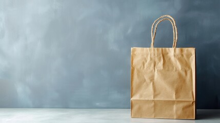 A blank brown paper bag isolated on grey background. Generated AI image - obrazy, fototapety, plakaty