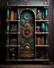 steampunk bookshelf shelves, wood, texture, rustic, folk art, colorful painted folk art designs,