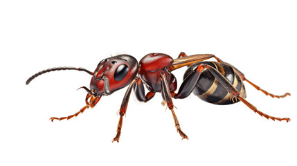A vivid red and black insect is contrasted against a clean white background