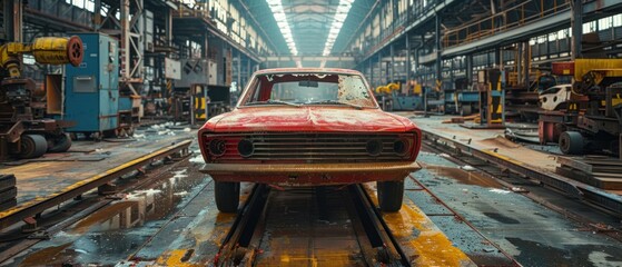 Despite the grime that coats the factory floor, there is a certain beauty in the chaos, a raw authenticity that speaks to the essence of the automotive industry. It is a world of contrasts,  - obrazy, fototapety, plakaty