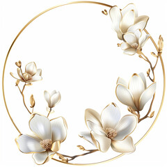 Gold and white floral circle frame with flower border isolated on white background