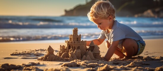 Young child playing happily in the sand, constructing a sandcastle by the shore during a beautiful sunset