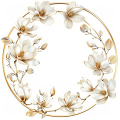 circle frame border, elegant wedding invitation design, magnolia floral round frame, white and gold, isolated on white background