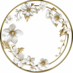 Wedding invitation frame, flowers, leaves, gold, 3d render style, isolated on white., floral round frame