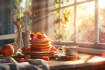 Delicious sweet pancakes with fruits and honey by the Window