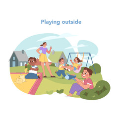 Outdoor playtime at kindergarten. Flat vector illustration