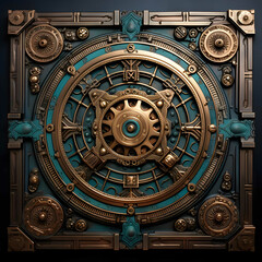 Steampunk Flat wall Panel texture, ornately carved wood, brass, copper, glass, verdigris front view, no perspective