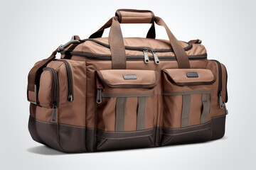 Stylish Men's Duffel Bag Crafted with Brown Nylon, Multipockets, & Dark Grey Zippers