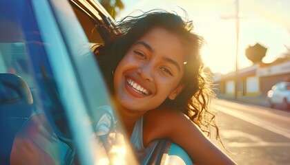 Beautiful young Latina woman sticking her head out while traveling in a car