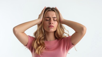 Fototapeta premium Woman covers ears with hands in discomfort, likely from a headache