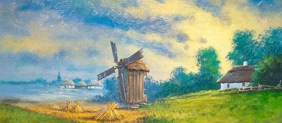 Oil paintings landscape, background made of colorful wild flowers, windmill and flowers, fine art, windmill in the morning - 774439490